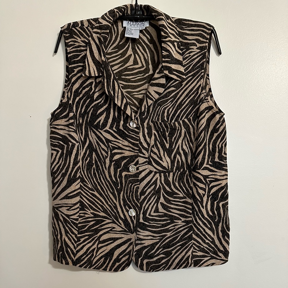 Vintage Allison Taylor Brown/Tan Animal Stripe Print Silk Top, Size M